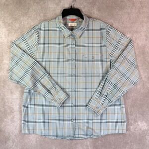 Orvis Shirt Women XL Light Blue Plaid Stretch Long Sleeve Button Layer Outdoor